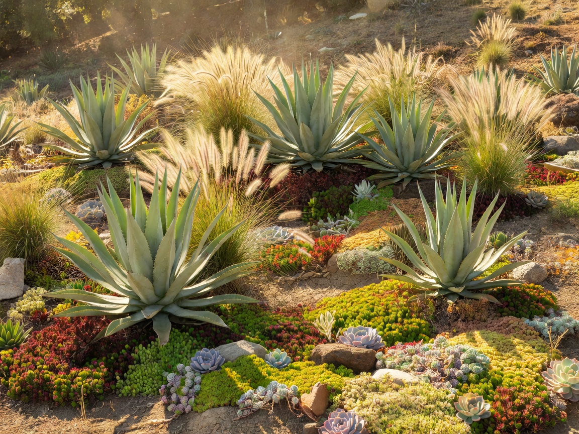A sunny hillside planted with agaves, ornamental grasses, and creeping sedum