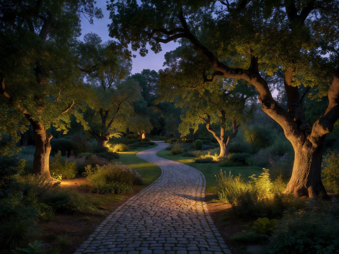 A softly lit garden pathway at dusk, with warm uplighting on surrounding oak trees
