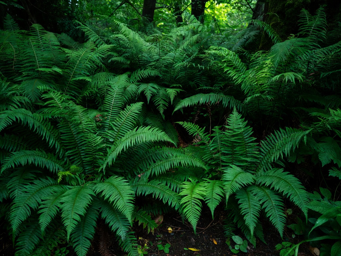 A dense planting of vibrant green ferns in a shaded garden corner