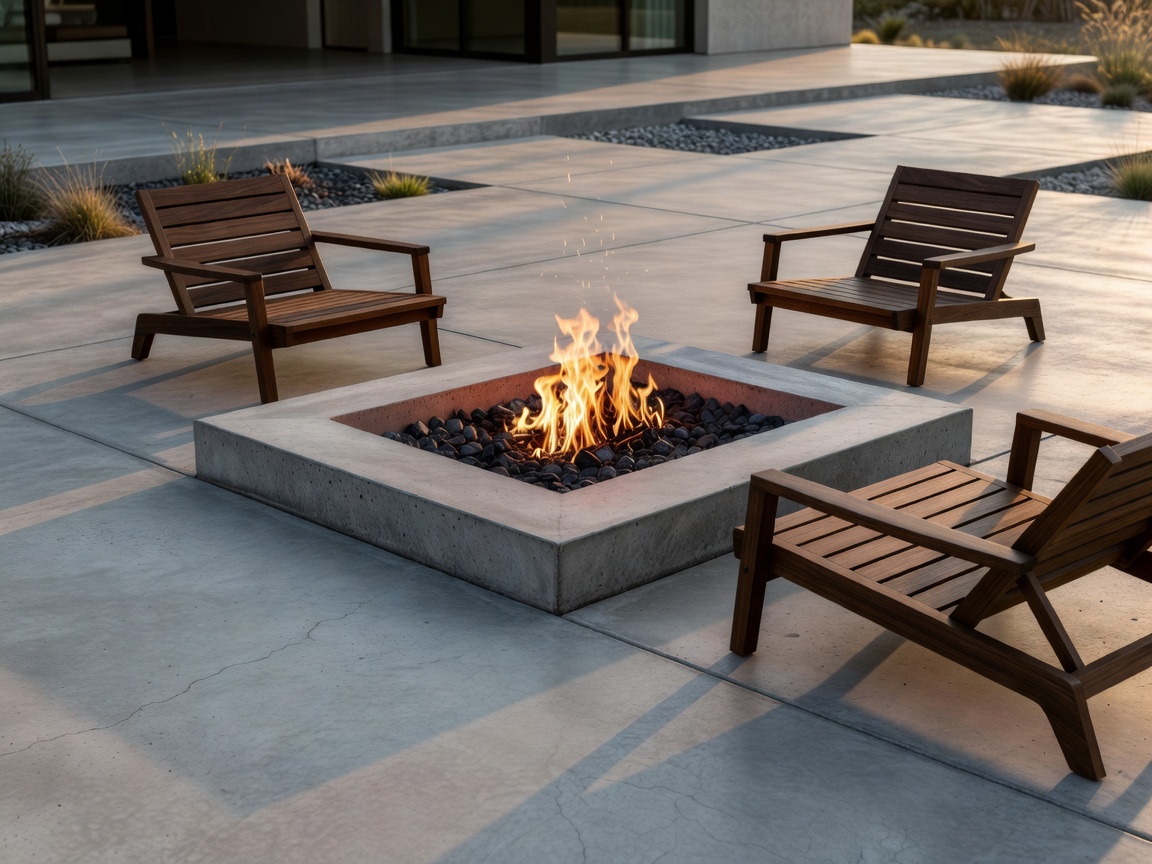 A modern poured concrete patio featuring a built-in fire pit and sleek wooden lounge chairs