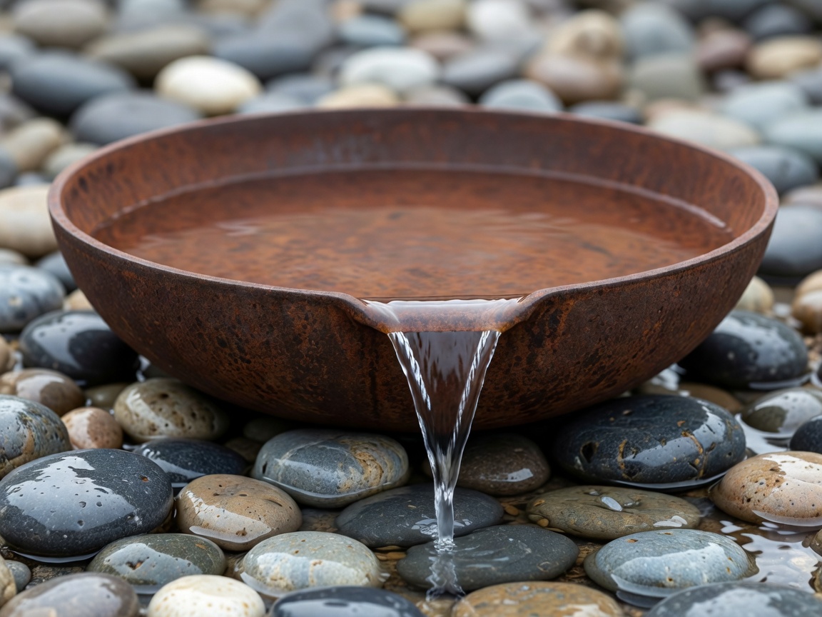 A rusted corten steel water bowl spilling gently onto smooth river rocks